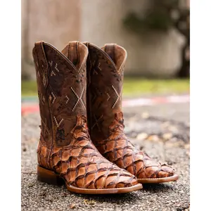 Texanos: Exotic Pirarucu Brandy Moca Matte Square Toe Boots