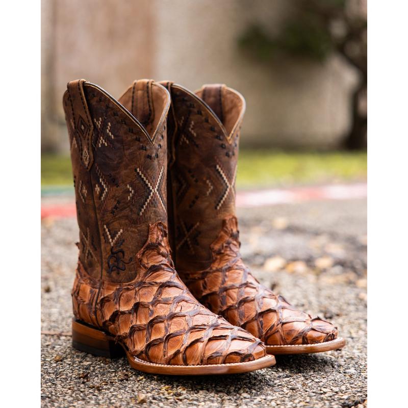 Texanos: Exotic Pirarucu Brandy Moca Matte Square Toe Boots