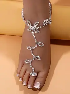 1 Gorgeous Sparkling Rhinestone Decorated Leaf Shaped Toe Chain, Bride Ankle Chain Bracelet, Suitable For Women's Beach Ankle Chain Barefoot Accessories