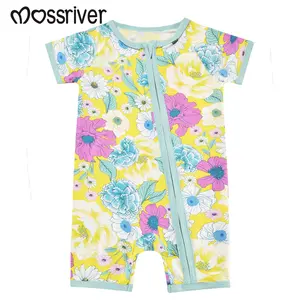MOSSRIVER Baby Girl Bamboo Sleepsuit - Watercolor Floral Print Short Sleeve Zipper Romper - Super Soft