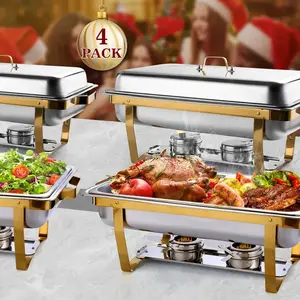 4-Pack Gold Accent Stainless Steel Chafing Dish Set | Rectangular Food Warmers for Parties, Easy Assembly, Perfect for Spring Weddings & Summer BBQ Buffets