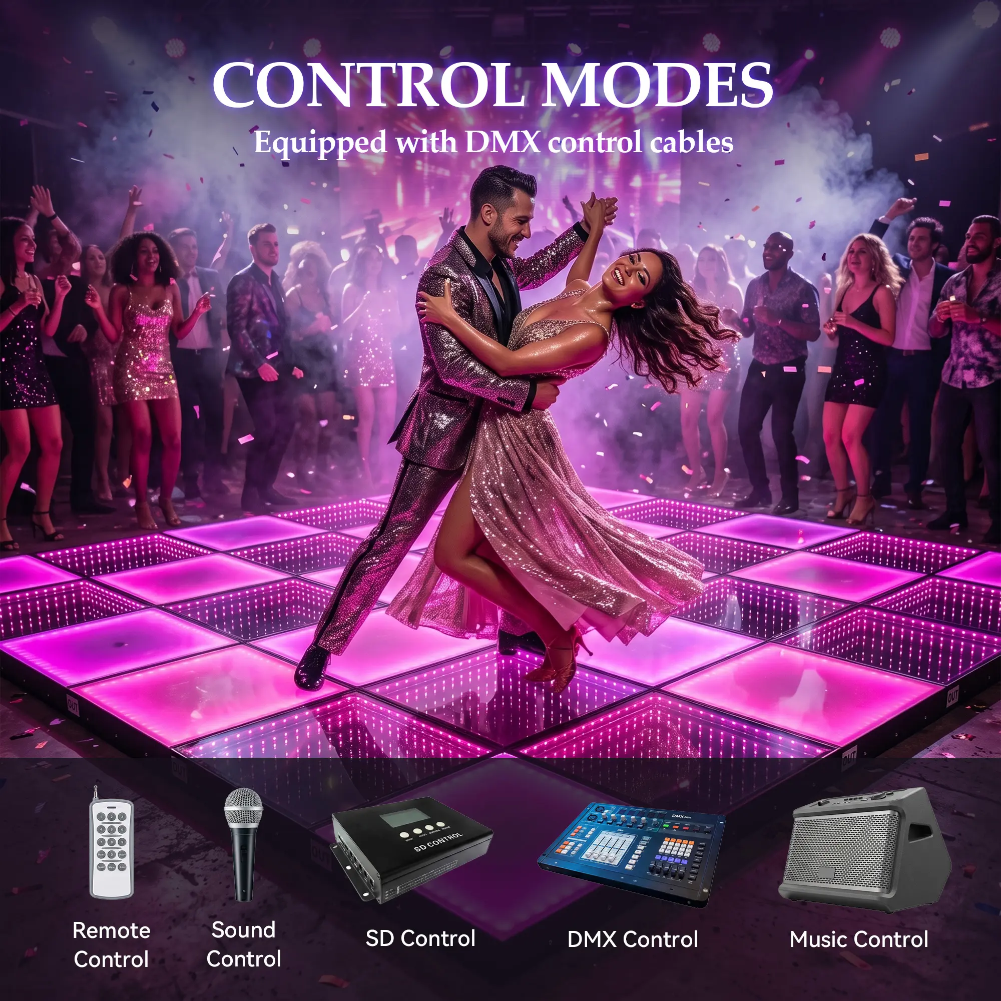 RGB 3D Infinity Mirror LED Dance Floor Panel, Portable Stage Dance Light for Disco, Bar, Wedding