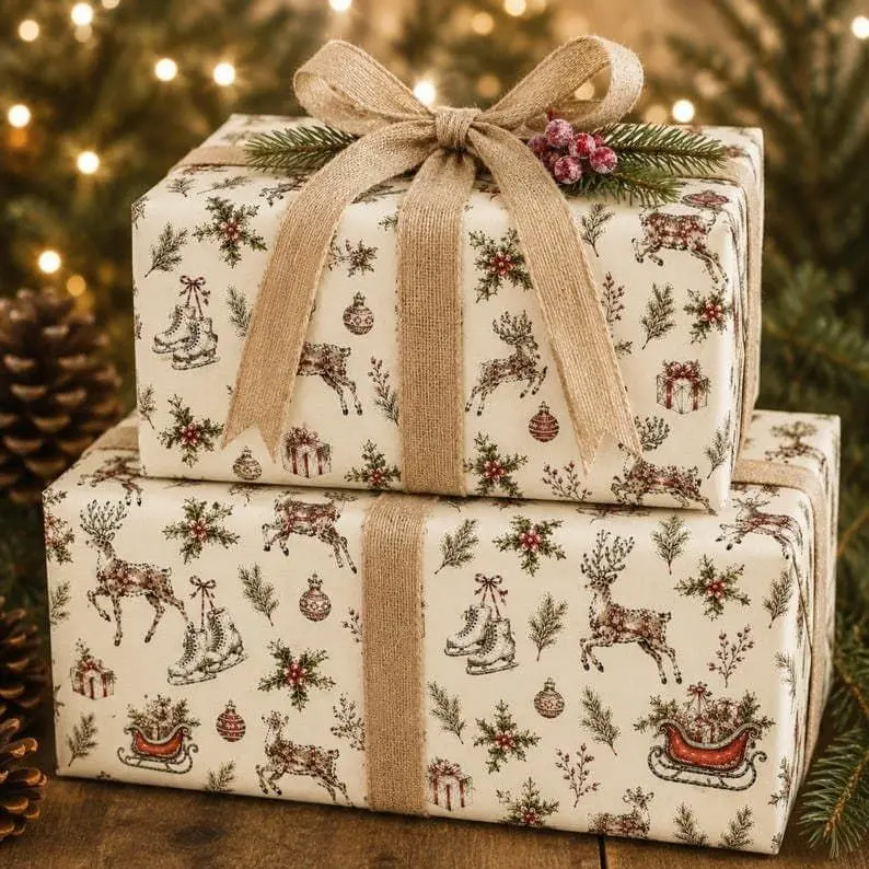 Vintage Christmas Wrapping Paper Reindeer Sleigh Pattern