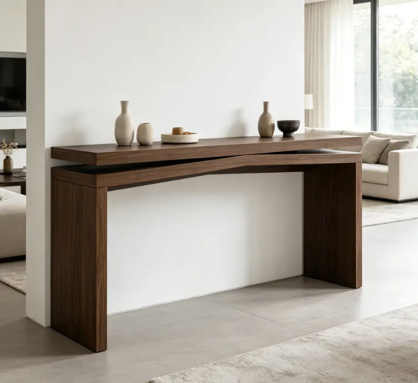 65-inch Rustic Solid Wood Veneer Pedestal Console Table - Farmhouse Long Table for Living Room, Hallway