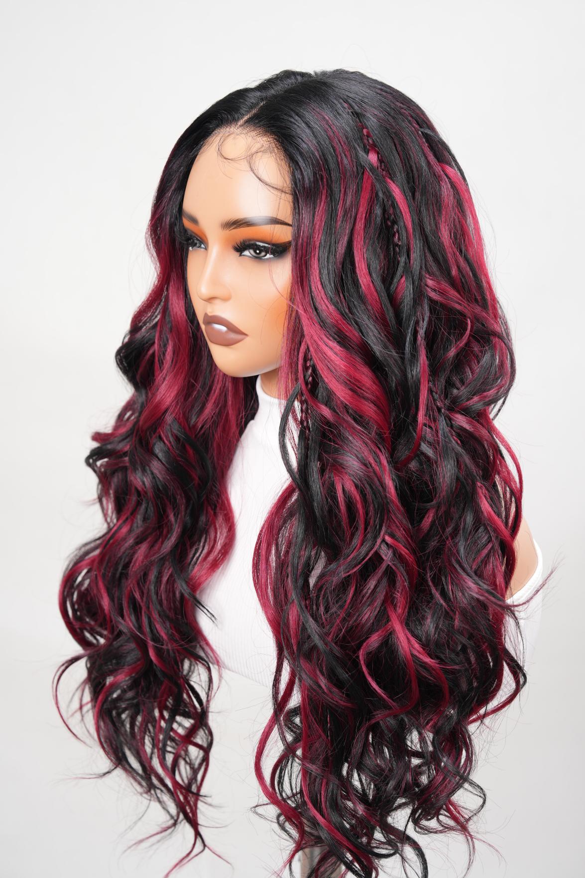Noble 25 Inch Black & Red Ombre Braided Body Wave Wig