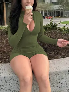 Women's Solid Longsleeves Ribbed Romper, Casual Comfy Bodycon Romper for Spring & Fall, Ladies Clothes for Daily Wear, Athletic Workout Romper, Overalls, Womenswear, Stretchable Activewear, Workout Gym Clothing, Sporty Comfy Jumpsuit