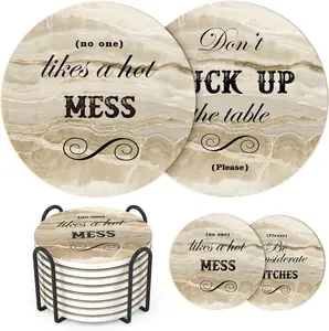 Funny Coasters for Drinks with Holder, Set of 8 Marble Style Absorbent Drink Coasters with Cork Base, with 4 Sayings, 4 inch