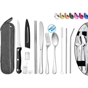 Portable  Travel Utensils Silverware With Case, Camping Cutlery Set, Chopsticks and Straw, Flatware With Case, Stainless Steel Top ()