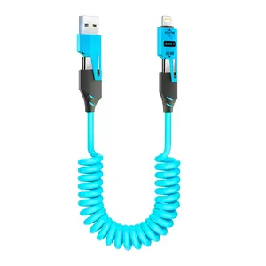 4-In-1 65w Spring Short Data Cable, 6a USB Type-C Retractable Super Fast Charging Line, Compatible with iPhone 15/14/13/12