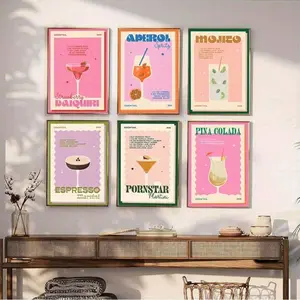 6pcs Retro Cocktail Drinks Canvas Wall Art, Modern Art Design, Colorful Designs, Colorful Juice Drinks Wall Decor, Preppy Room Aesthetic Artwork Wall Painting, For Living Room, Bedroom & More Wall Decor, Frameless, Unframed Art Print Decoration