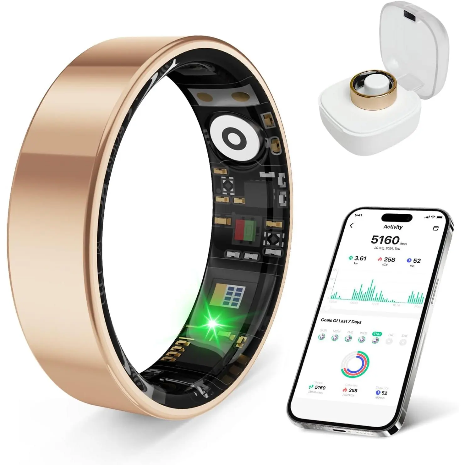 Waterproof Round Digital Smart Ring - Wireless Wearable Tech Fitness Trackers, Accurate Heart Rate Monitoring, Stress/Sleep Tracking, No Subscription Fee, iOS & Android Compatible, All Seasons Daily Health Reference
