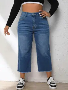 Plus Size Women's Blue Casual Straight Leg Jeans, Comfortable Elastic Fabric, Mid Waist, All Seasons, Perfect for Daily Wear