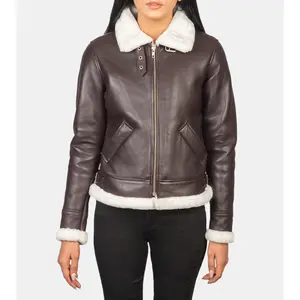 Maisiel Women's Tan Brown Bomber Shearling Leather Jacket