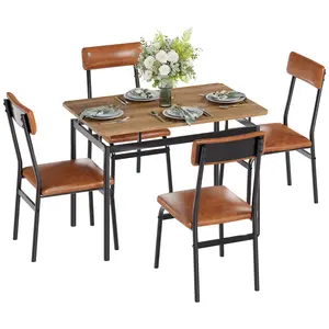 Garvee and Garvee Dining Table Sets for 4 - 5 Piece Wooden Tables with 4 PU Upholstered Chairs, Modern Industrial Metal Frame Designs, Ideal for Dining Rooms, Kitchens, Apartments, and Studios in Brown and Black
