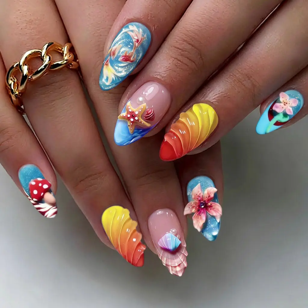 30-Piece Almond-Shaped 3D Ocean-Themed False Nail Set, Decorated with Shells, Starfish, Sea Turtles and Flowers for Nail Art