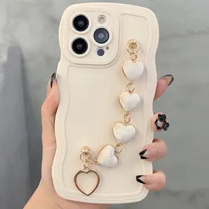 Compatible with iPhone 1716 15 14 12 13 11 XR series wave design phone case plush love chain, perfect birthday/holiday gift for friends/family, fashionable protective case Cover Accessories, Protection