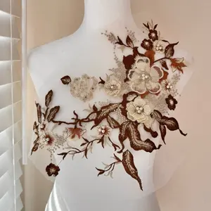 Brown 3D Applique (12” x 10”) Beaded with Rhinestones Embroidered Lace Flowers, Dance Costume, Ballet, Gowns Garments Kids Dress