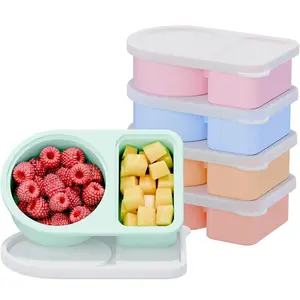 5 Pack Silicone Snack Containers, 2 Compartments Reusable Snackle Box with Lids