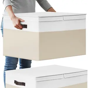 2 Pack EXTRA LARGE Blanket Storage Baskets with Lids 22x16x12 Closet Organizers Bins for Clothes Towel Toy Storage Box with Lid Handles Stackable Decorative Fabric Bins for Living Room Nursery