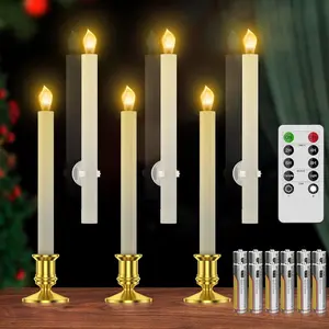 Window Candles, Flameless Taper Candles with Timer, Christmas Home Wedding Decor Battery Operated Flickering LED Candles with Remote Controls, Gold Candle Holders For Candles (6pcs Gold) Table Plastic