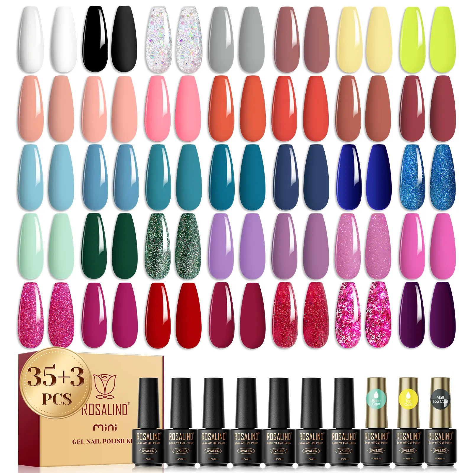 Gel Nail Polish Set, 38-Piece Manicure Kit with 35 Colors including Red, White & Black, Base Coat, and Glossy & Matte Top Coats, Long-Lasting Soak Off UV LED Cosmetic for Durable Nail Care, Durability, High Shine, Vibrant, Multi-Pack