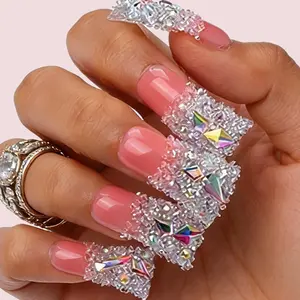 Pink French Tip Press on Nails Long Square - Handmade Acrylic 3D Pixie Crystals & AB Rhinestones - Reusable Salon Quality Luxury Bling 10Pcs easter summer