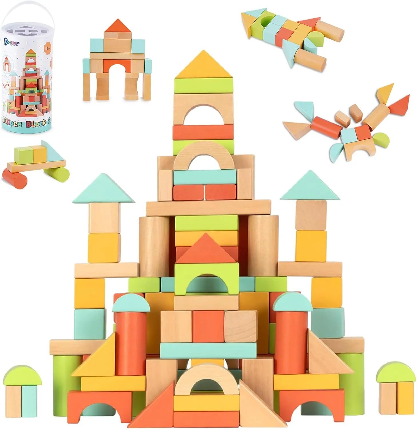 FCSONU 100-Pcs Unisex Wooden Geometric Building Blocks Set for Toddlers 1-3, Montessori Sorting & Stacking Toys with Storage Lid, Christmas 1st Birthday Gifts for Kids