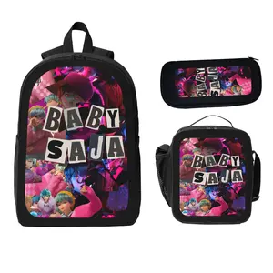 Baby Saja Cartoon Anime Backpack 3-Piece Set Student Backpack Pencil Case Lunch Bag Bundle for Kids Ideal for Daily School Use