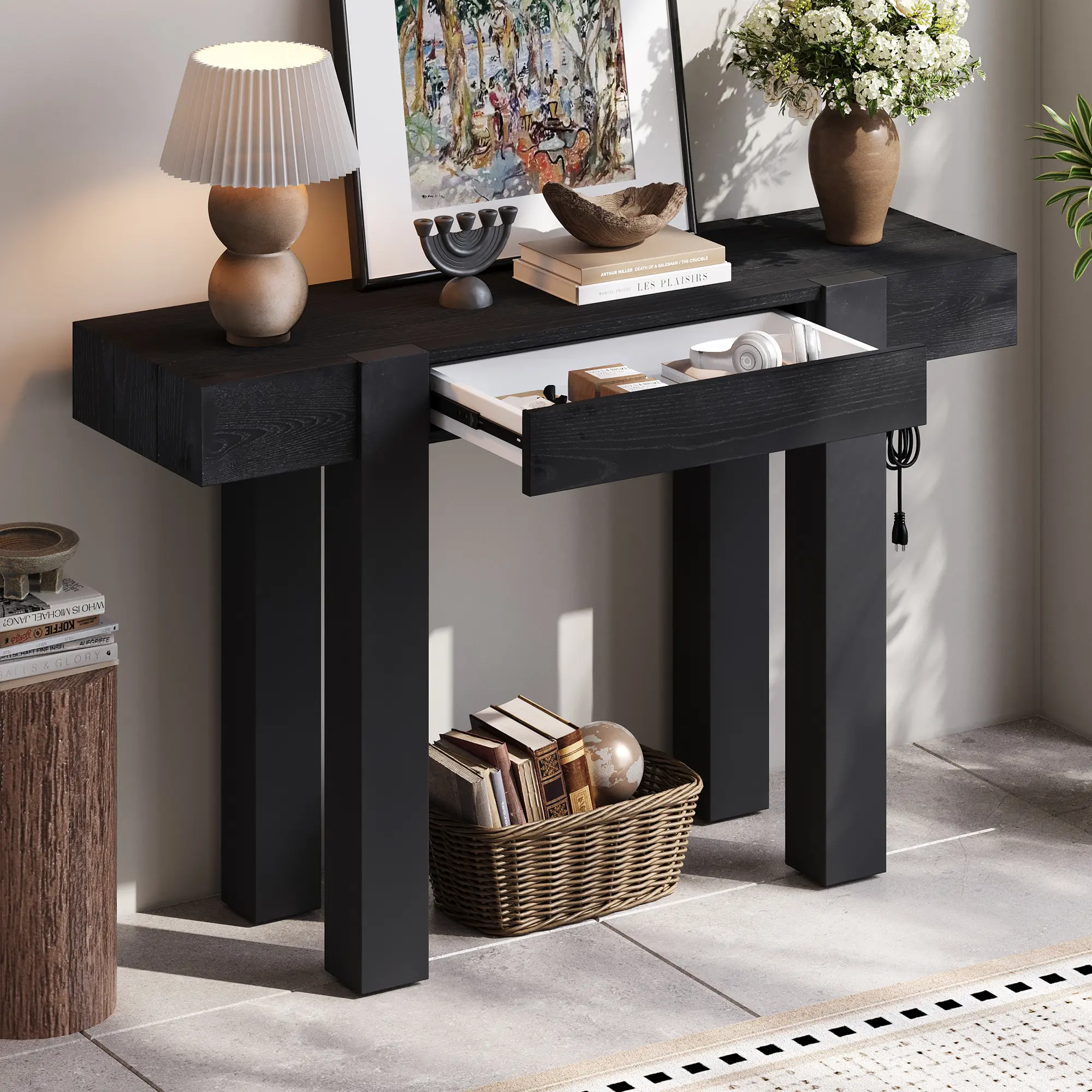 TREXM Rustic Minimalist Console Table with Hidden Drawer and Side Power Outlet, Wood Entryway Table for Living Room, Home Office, Hallway, Black Finish, 1-Pack, Living Room Table for Sofa Side, Bedroom, Office, Apartment and Home Decor