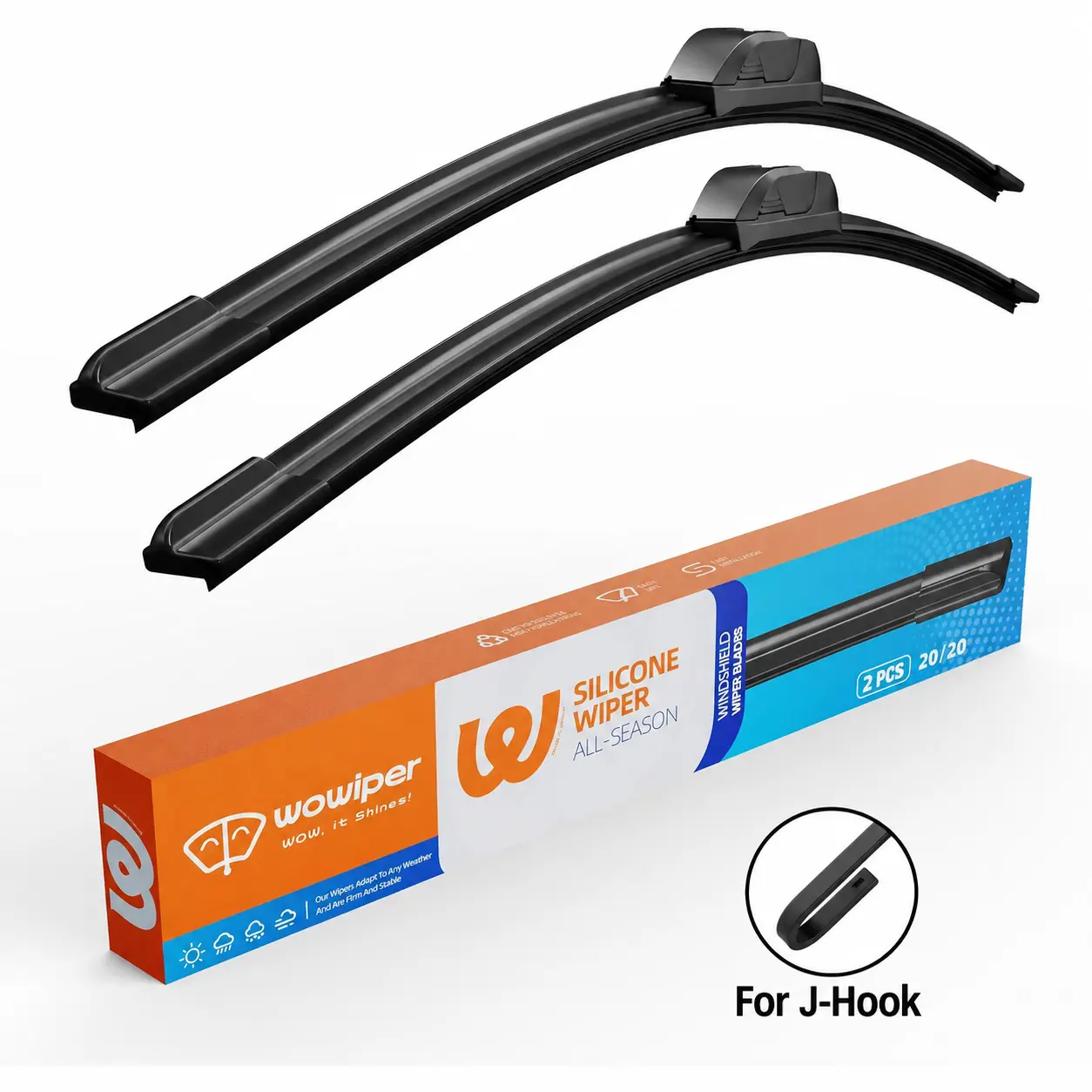 WOWIPER Silicone Windshield Wiper Blades Pack - Graphene-Coated Front Wipers, J/U Hook, Multi-Make-Fit, Quiet Water-Repellent All-Weather Performance, Easy Installation, Various Sizes, 2-Pack