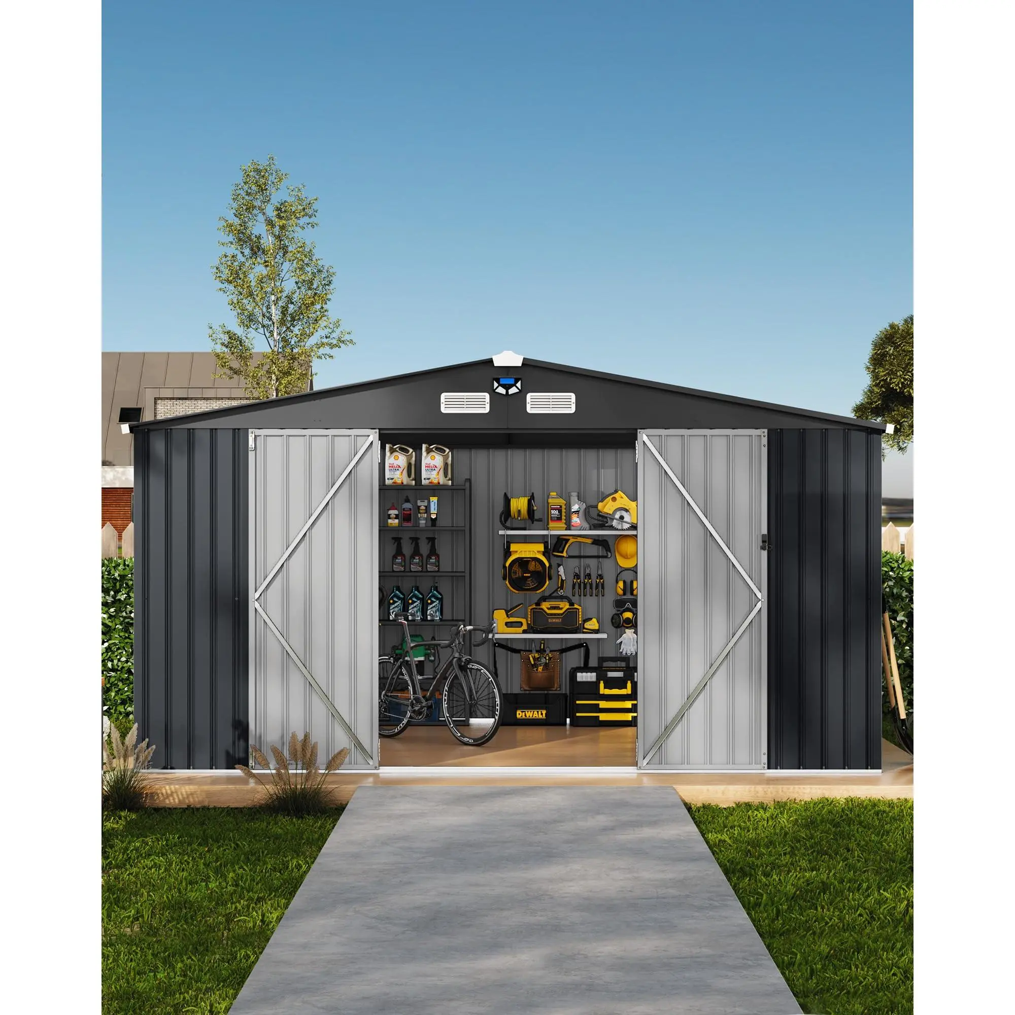 Garvee 10x12 ft Outdoor Storage Shed, Metal Garden Tool Shed with Updated Frame Structure, Lockable Doors and Windows, Ideal for Backyard Garden Patio Lawn , Dark Gray