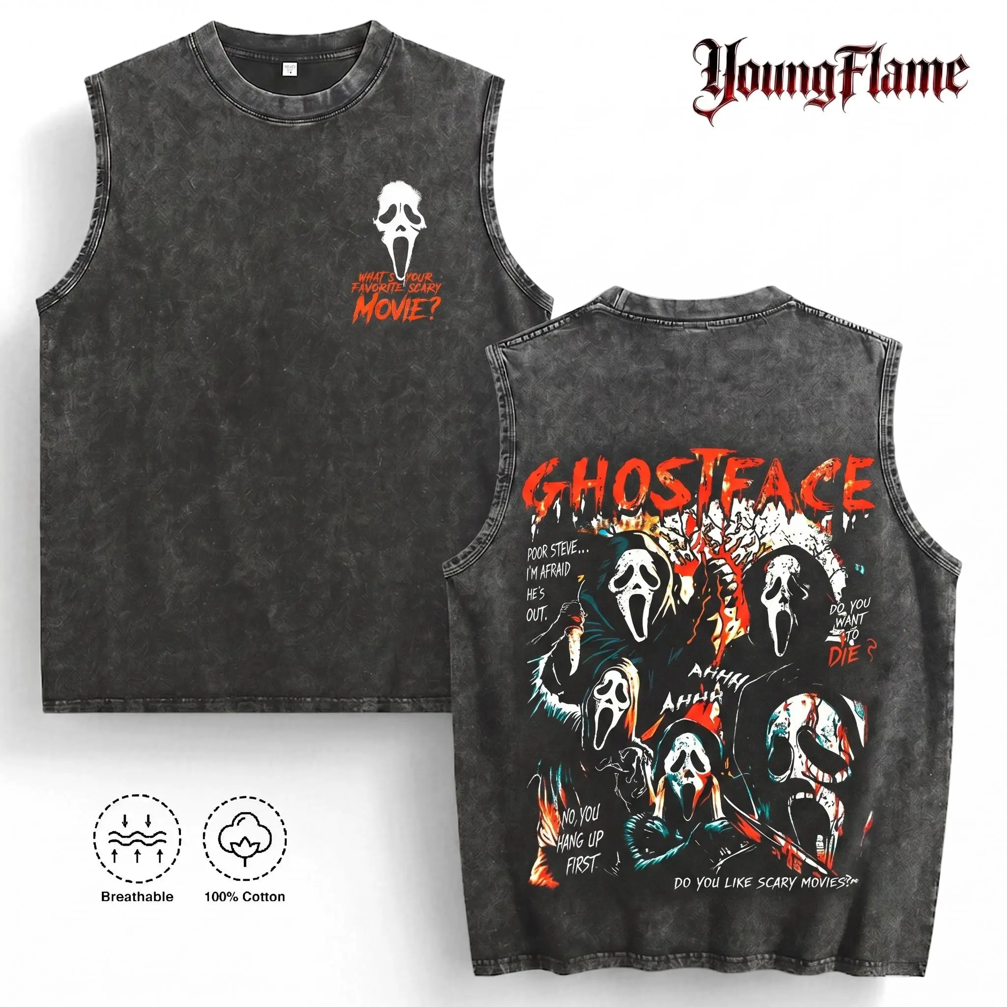 Vintage Acid Wash Scary Movie Graphic Muscle Tee | Spooky Slasher Sleeveless Shirt | 100% Cotton Men's Streetwear short-sleeved t-shirt men cottontees fashion t-shirt gift top vintage menswear