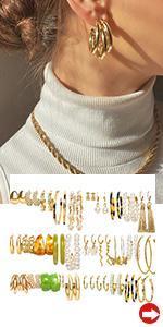 36 Pairs Gold Earrings Set for Women, Fashion Pearl Chain Link Stud Drop Dangle Earrings Multipack Hoop Earring Packs, Hypoallergenic Earrings for Birthday Party Jewelry