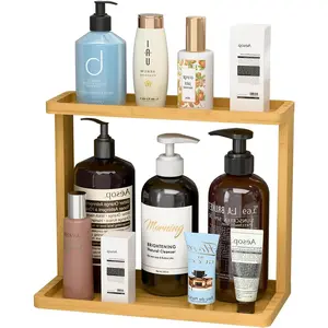 Bamboo Bathroom Storage Rack – Small Vanity Storage Shelf for Cosmetics, Perfumes, Skincare Products – Natural Cosmetic Display Rack for Vanity, Sink, Kitchen – Natural Color
