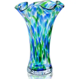 Hand Blown Glass Vase for Flowers, 9" Unique Murano Style Art Glass Vase, Wide Mouth Teal Turquoise Swirl Decorative Colorful Vases for Home Decor, Living Room Table Centerpiece,Shelf, Wedding Gift