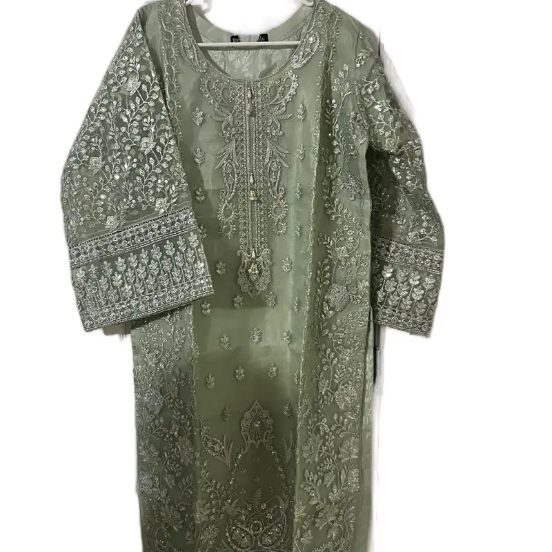 3 pieces Women's Shalwar Kameez Fancy Wear in Olive Green with Intricate Embroidery Design sharara Womenswear
