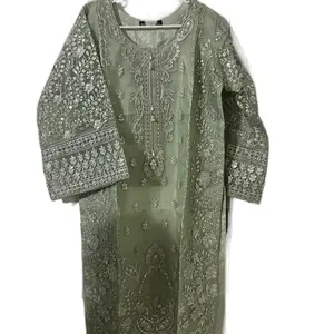 3 pieces Women's Shalwar Kameez Fancy Wear in Olive Green with Intricate Embroidery Design sharara Womenswear