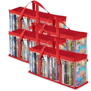 Stock Your Home DVD Storage Bags (Set of 4) Media Organizer Bag for DVDs, CDs, Blu Ray Disc, Movie Cases, VHS Box, Video Game Disks, Clear Plastic Holders with Carrying Handles and Zipper - Red