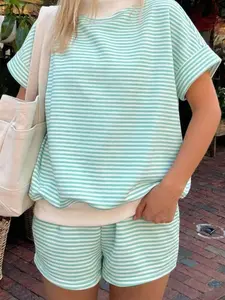 Women's 2 Piece Striped Lounge Set - Short Sleeve Mock Neck Top & High Waisted Shorts Casual Summer Outfits