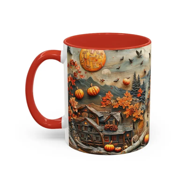 [Sale off up to 50%] Wood Style Autumn Village 11oz Accent Mug Rustic Fall Coffee Cup with Pumpkins & Leaves Cozy Harvest Scene Thanksgiving Decor Fall Gift for Her