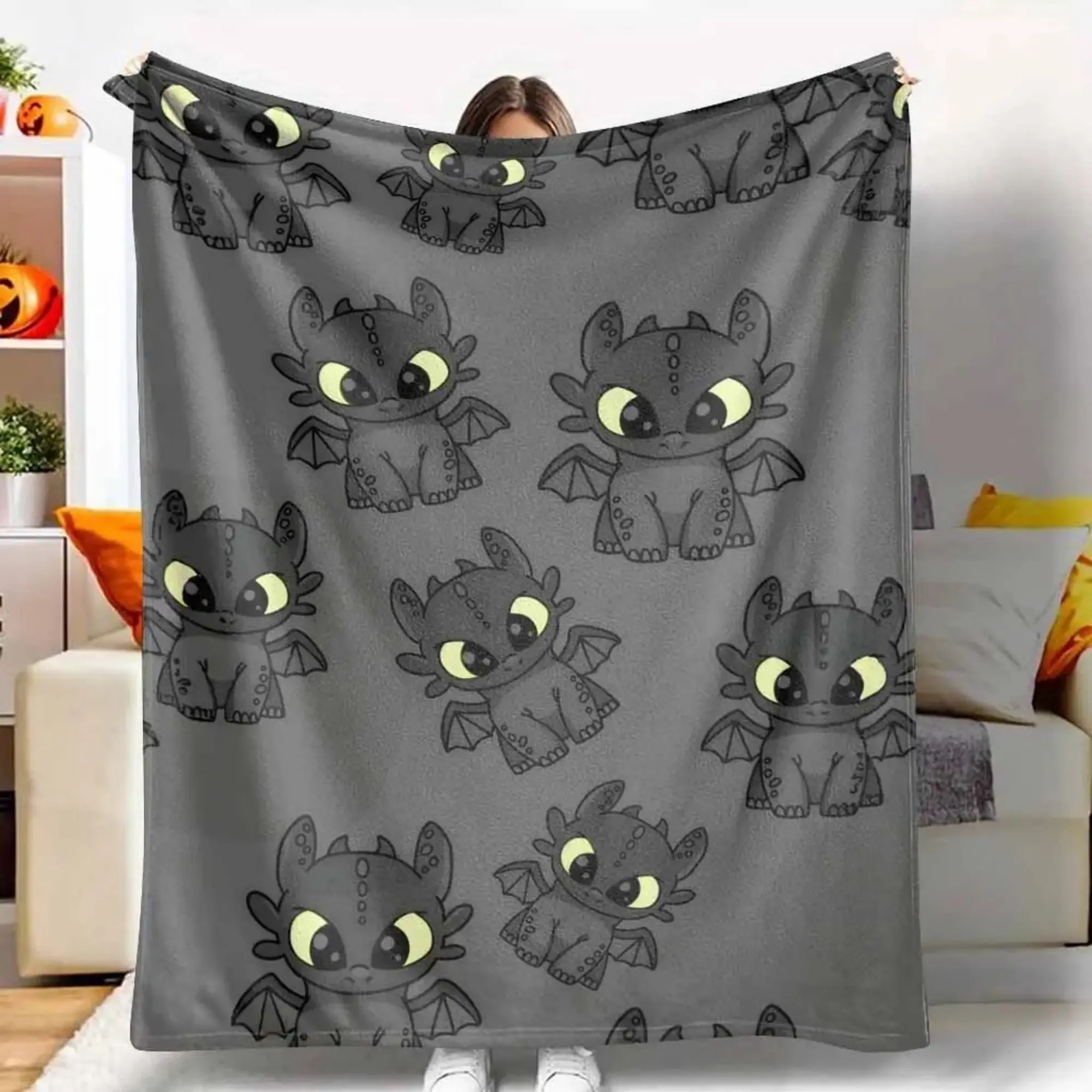 Cute Toothless Dragon Throw Blanket, Dragon Cartoon All Over Print Ultra Soft Micro Fleece Blanket, Lightweight Cozy All Season Plush Blanket for Sofa Bed Couch, Anime Merch Gift for Kids Teens Adults