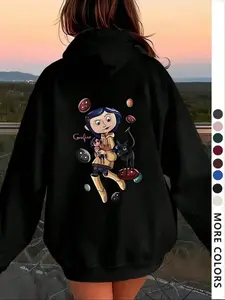 Women's Cartoon Cat Graphic Print Thermal Lined Hoodie, Casual Long Sleeve Hooded Sweatshirt for Spring & Fall, Fashion Women's Clothes for Daily Wear