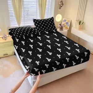 Black And White Contrasting Bow Bed Sheet Set, Minimalist Trendy Style, Fluffy And Soft, 1 Fitted Sheet, 2 Pillowcases, Ideal For Rental Bedroom Makeover, Comfortable And Stylish, A Great Gift For A Friend's Housewarming.