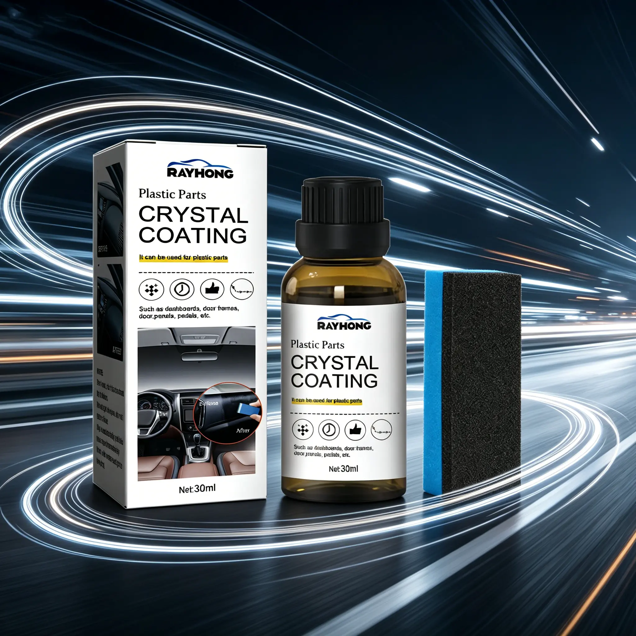 Rayhong Plastic Parts Crystal Coating 30ml - Restore Faded Car Interior & Exterior Trim, UV Protection, Dust Repellent, Long-Lasting Gloss, Easy Wipe-On Application, No Residue