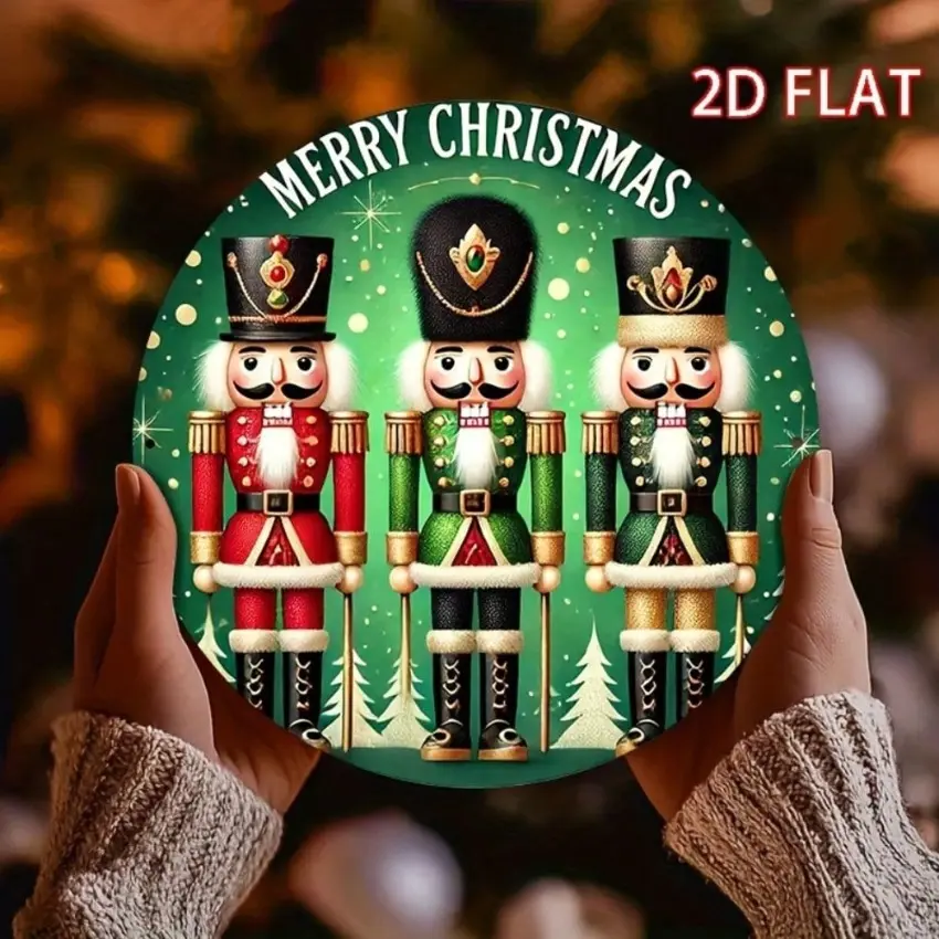2D Flat Round Aluminum Sign Nutcracker Design 20x20cm Multifunctional Home Decoration Plaque for Garage Cafe Garden Christmas Gift