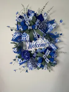 Blue and White Welcome Wreath | Chinoiserie Inspired Front Door Decor | Grandmillennial Floral Wreath