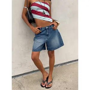 Torri Longline Denim Shorts Mid Blue Wash