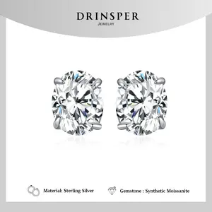 Drinsper S925 Oval Cut Each 2.0ct DVVS Synthetic Moissanite Stud Earrings for Women Men Girls Classic Round Design Sterling Silver Earring for Daily Wearing Gift for Her Mom Girlfriend Fashion Jewelry Accessory
