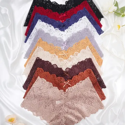 Women's Solid Color Floral Lace V Waist Panty, Soft Comfy Breathable Knicker for Daily Wear, Underwear for All Seasons, Lace Trim Panty, Drop Waist Panties