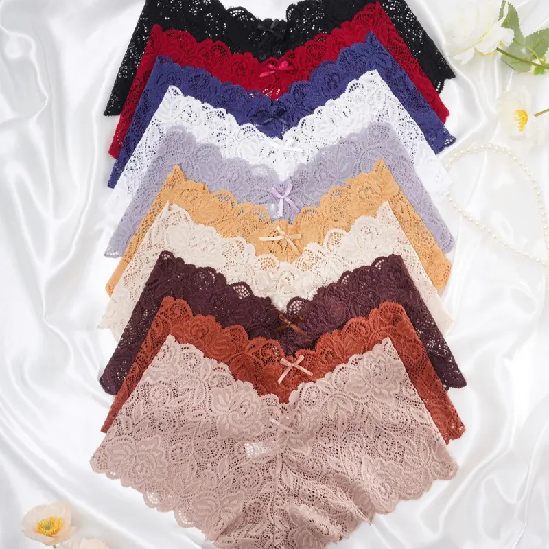 Women's Solid Color Floral Lace V Waist Panty, Soft Comfy Breathable Knicker for Daily Wear, Underwear for All Seasons, Lace Trim Panty, Drop Waist Panties